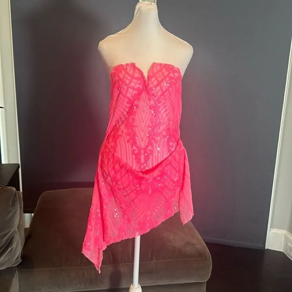 Womens Skimpy Sexy Pink Strapless Sheer Sparkly Party Club Dress Bodysuit Size M